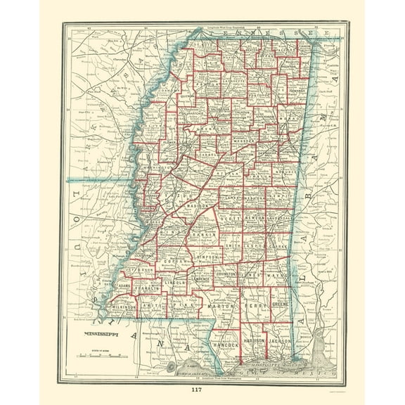 Historic State Map - Mississippi - Rathbun 1893 - 23 x 28.59 - Vintage Wall Art