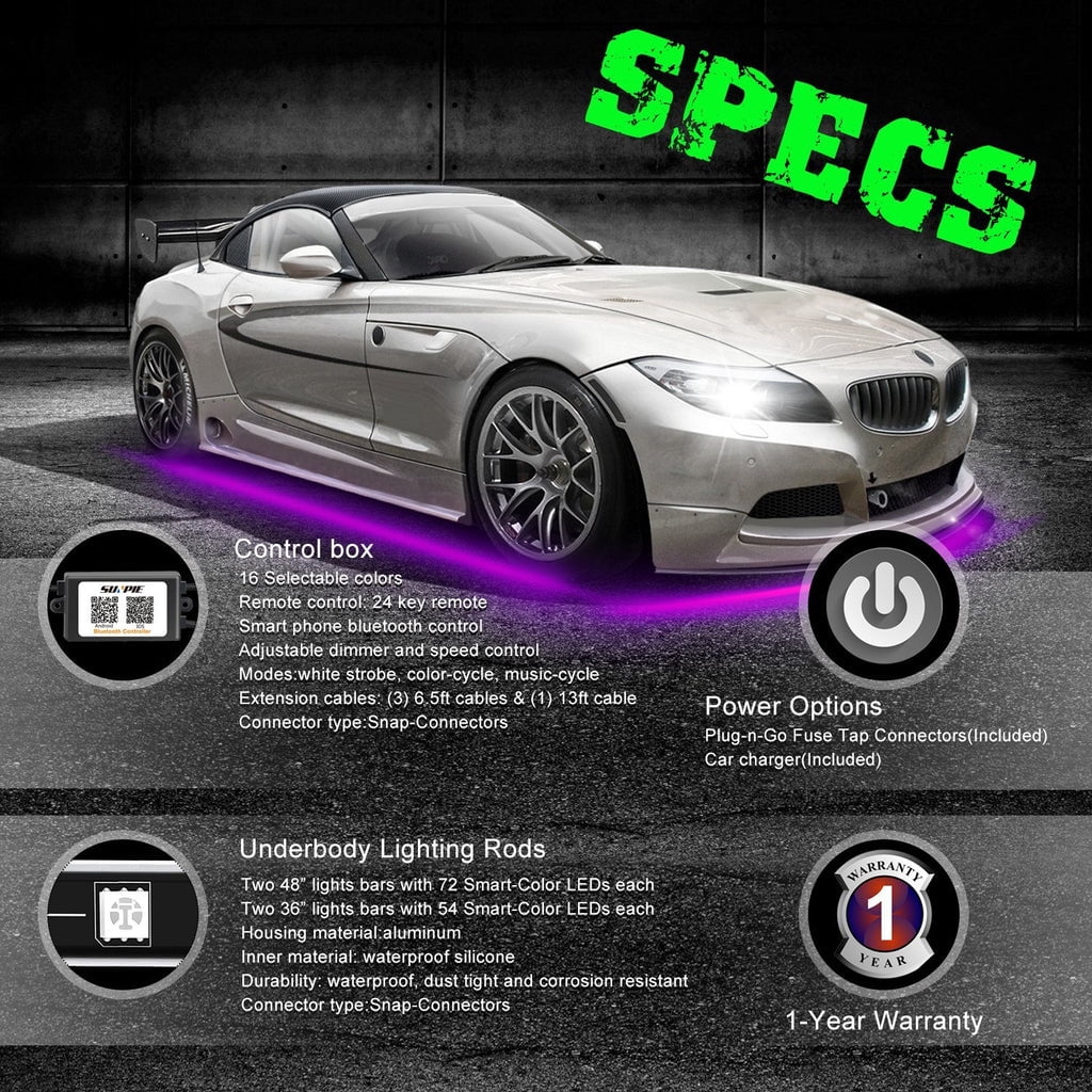 Sunpie Car LED Underglow Lighting Kit, Multi-color RGB LED Strip Neon Lights Kit with APP & Remote Control