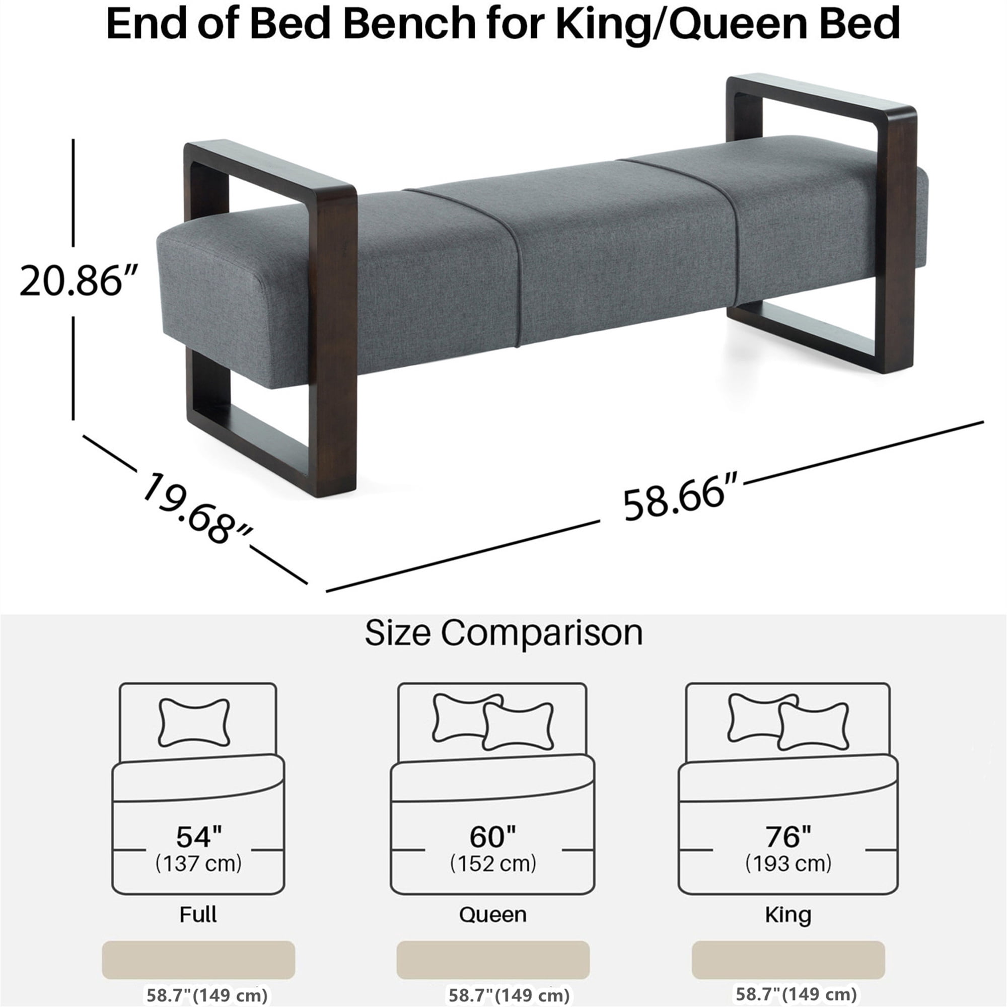 Aukfa 59" End of Bed Bench for Bedroom, Entryway, Wood Legs, Hollowed-out Arm, Gray