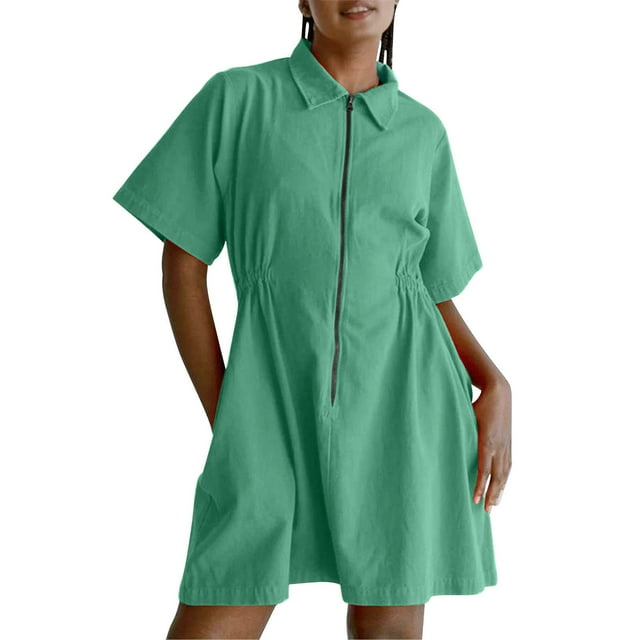 hotojiny Robes pour Femmes Été Légères à Fermeture Éclair à Col Tunique d'Entraînement Mini-Robe Unie Fluide Évasée Robes T-Shirt