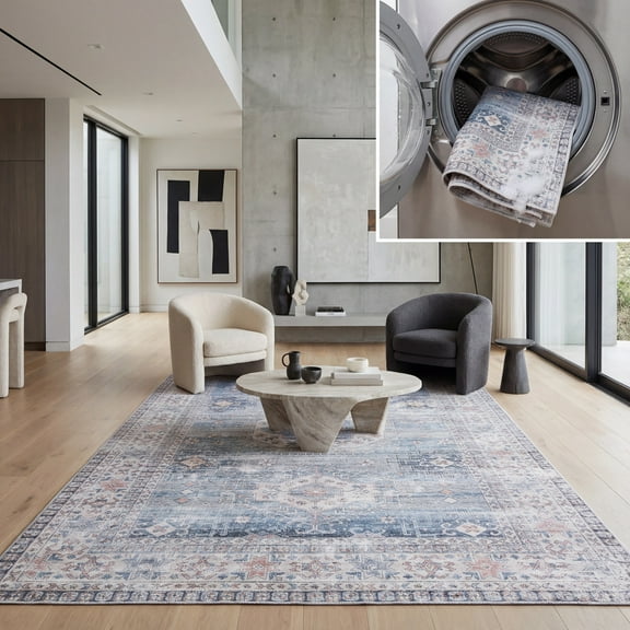 SAFAVIEH Arizona Fowler Abstract Machine Washable Area Rug, Blue/Grey, 8' x 10'