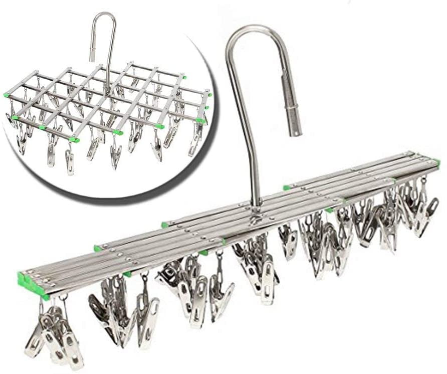 Multipurpose Drying Rack Anti-Wind Desing Clothes Hanger Stainless Steel Swivel Hook Airer Hanger Travel Foldable Clotheshorse with 35 Pegs for Underwear Sock Bra Gloves Clothes 