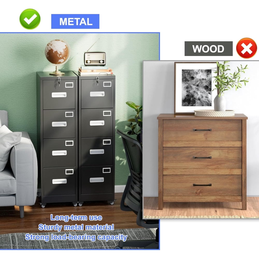 4 Drawer Vertical File Cabinet, Lockable Mobile Storage with Wheels, for Office & Home Use, Assembly Required, Black
