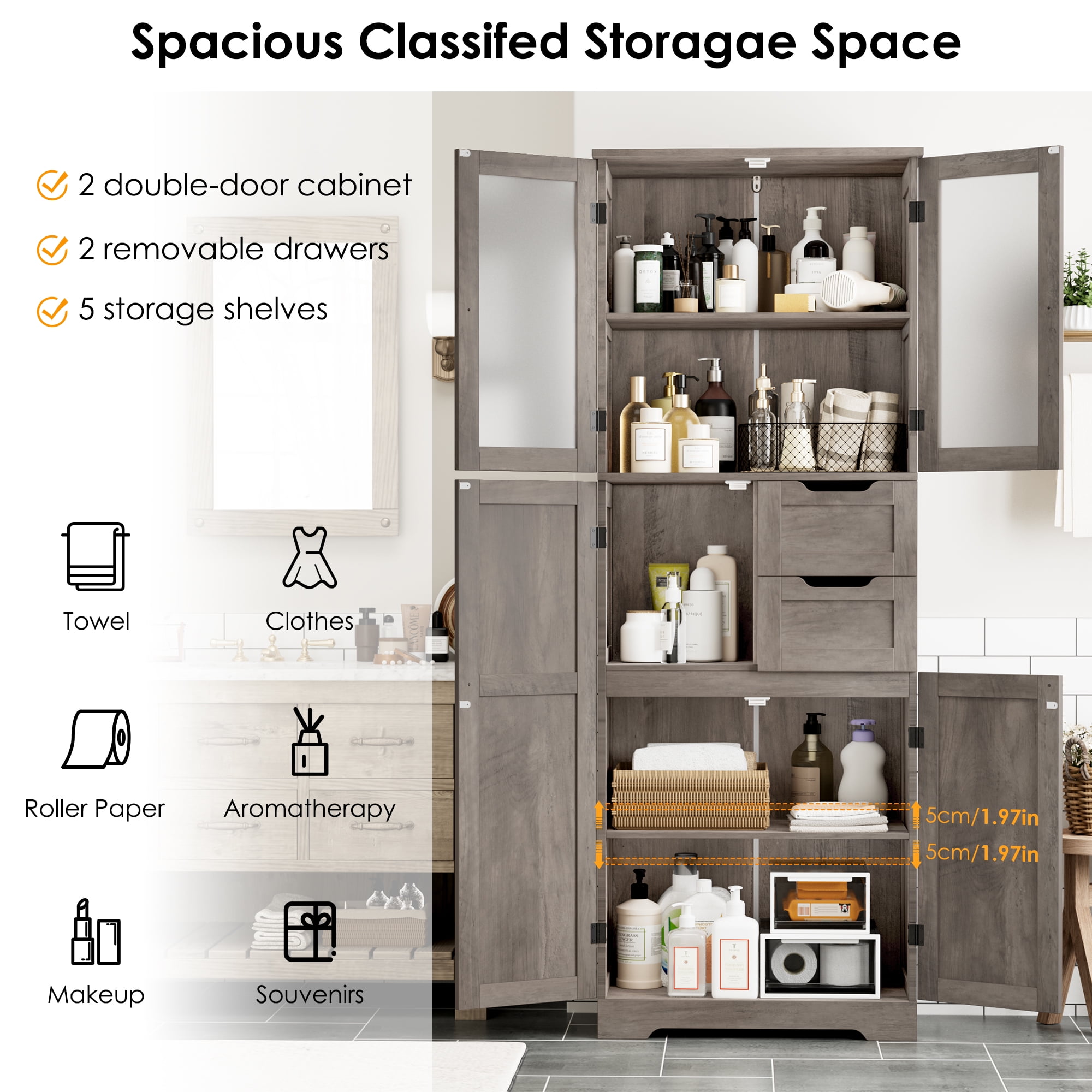 Homfa 67"H Bathroom Cabinet, Linen Cabinet with Doors and Drawers, Kitchen Cupboard, Wash Gray