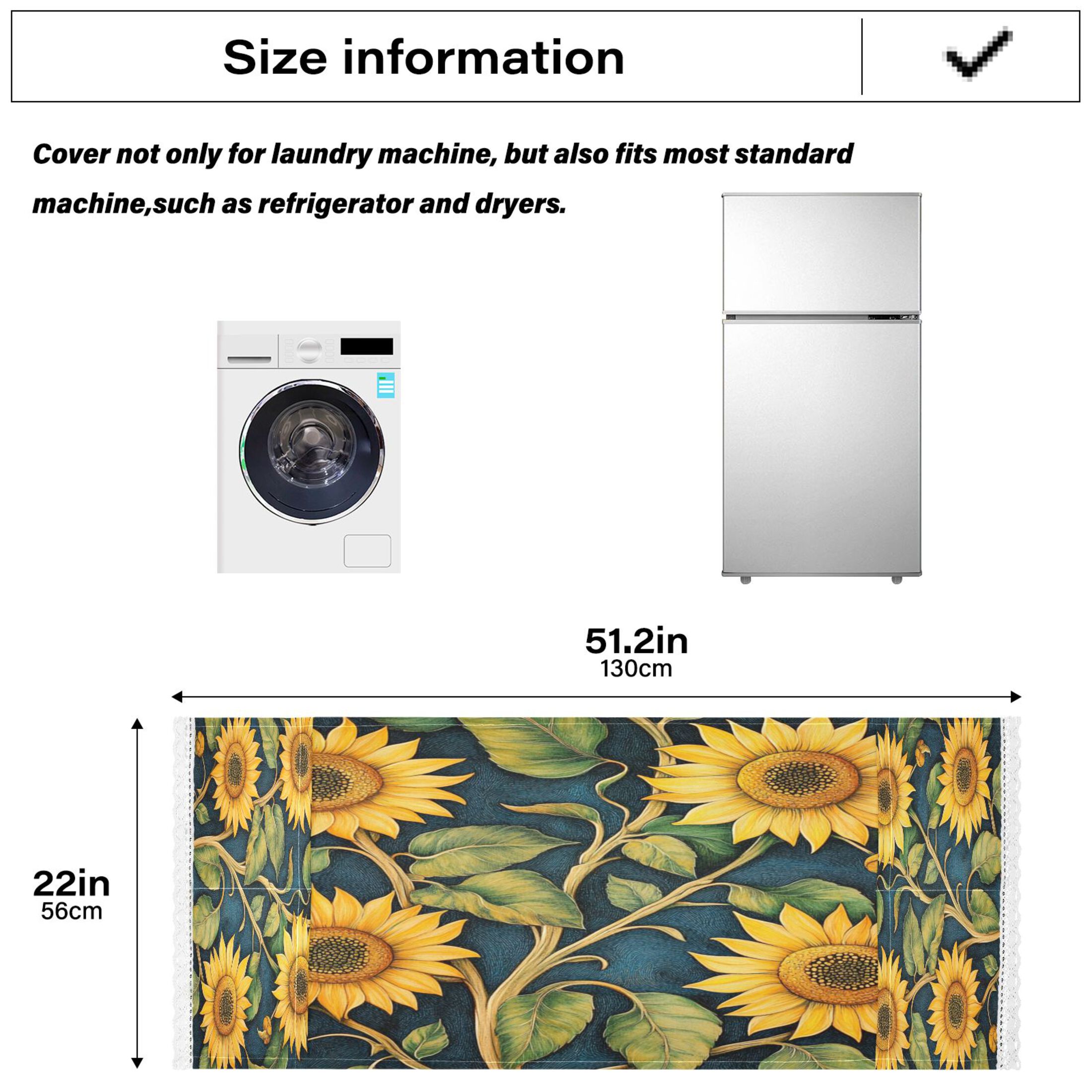 SunflowersWasher and Dryer Covers Dust-Proof and Oil Resistant Fridge Cover with 4 Storage Pockets Washing Machine Top Cover for Laundry Kitchen Home 51.2 x 22 In