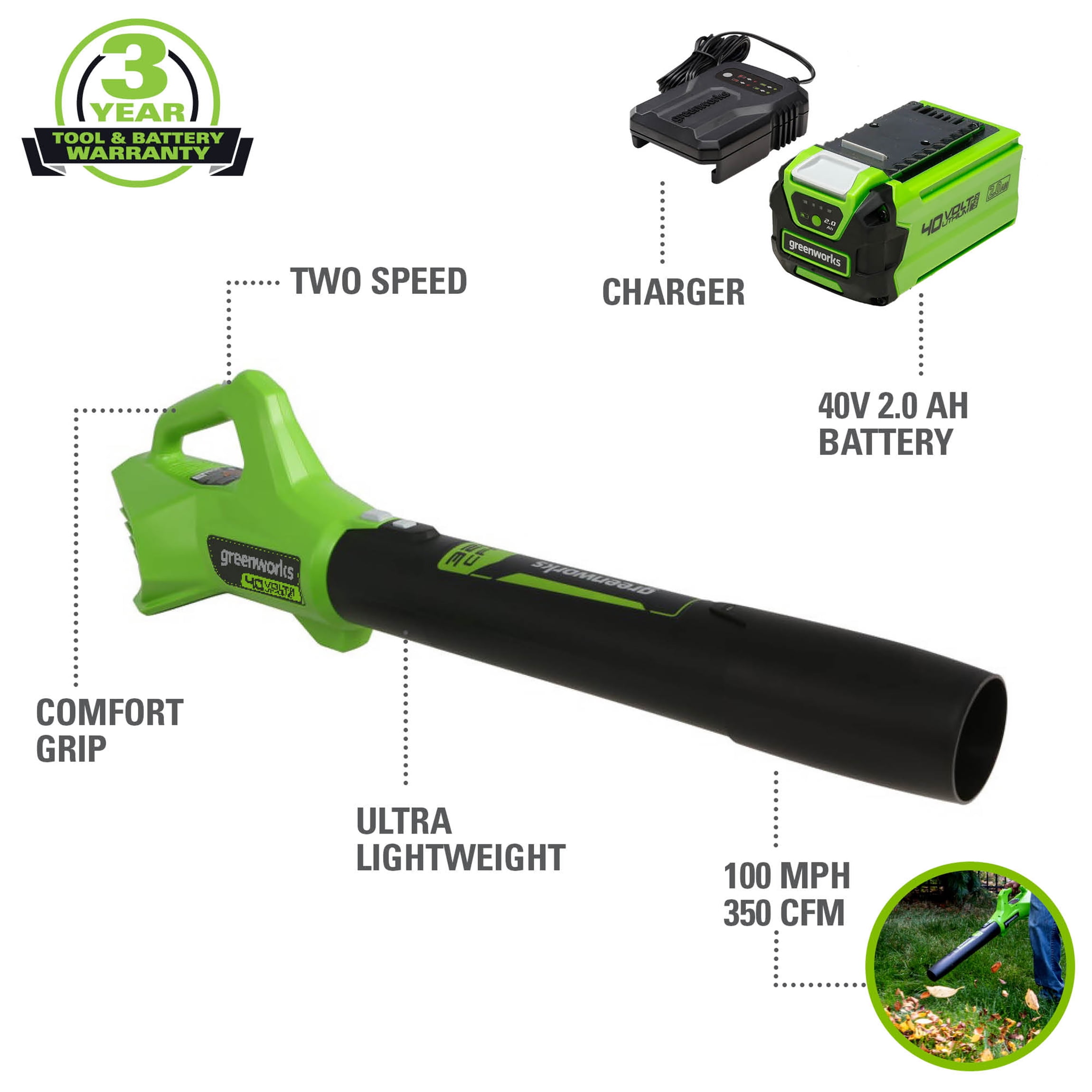 Greenworks 40V 350 CFM at 100 Mph Leaf Blower with 2.0 Ah Battery & Charger 2412002