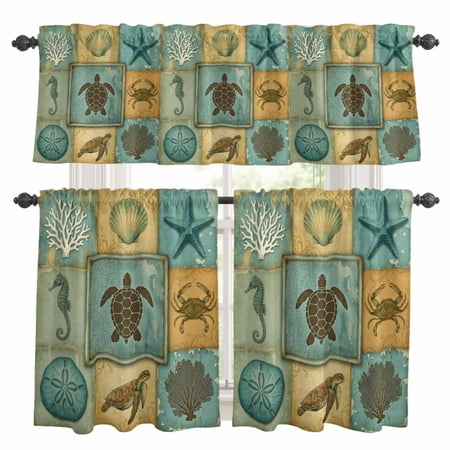 3 Piece Kitchen Curtains and Valances Set Coastal Animals Cafe Curtains 36 Inch Length Turtle Seahorse Starfish Corals Collage Valance & Tier Curtain for Living Room Bedroom Window 54 x18 +27 x36 *2