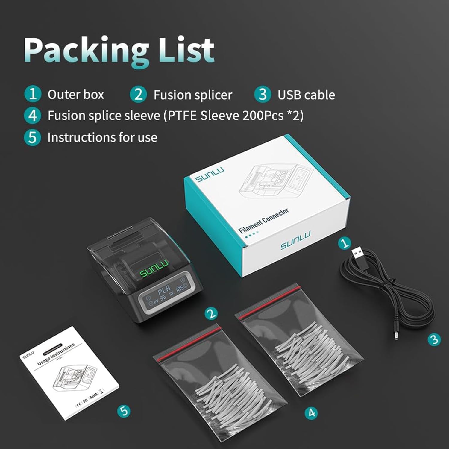 SUNLU Official Filament Connector, 400Pcs PTFE Sleeve Filament Splicer for 3D Printer Filament 1.75mm, Fast Heating Filament Welder Compatible with PLA PETG TPU ABS PA Nylon, Easy to Use