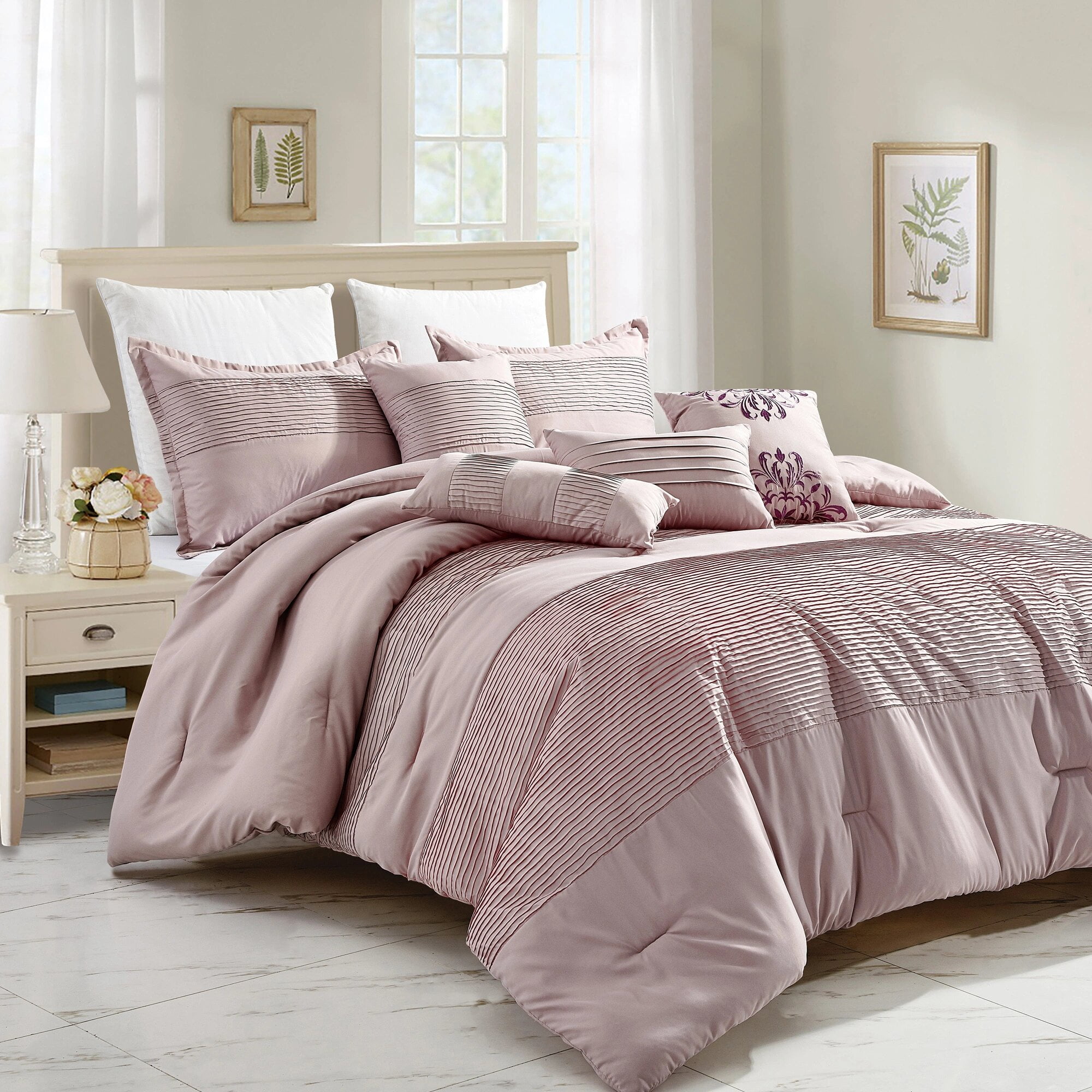 7Piece King Size Comforter Set in Elegant Baby Pink Complete Bedding