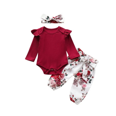 

Domingbub 3Pcs Newborn Baby Girls Clothing Long Sleeve Romper Tops Flower Print Long Pants Headband Outfits Clothes Red 12-18m