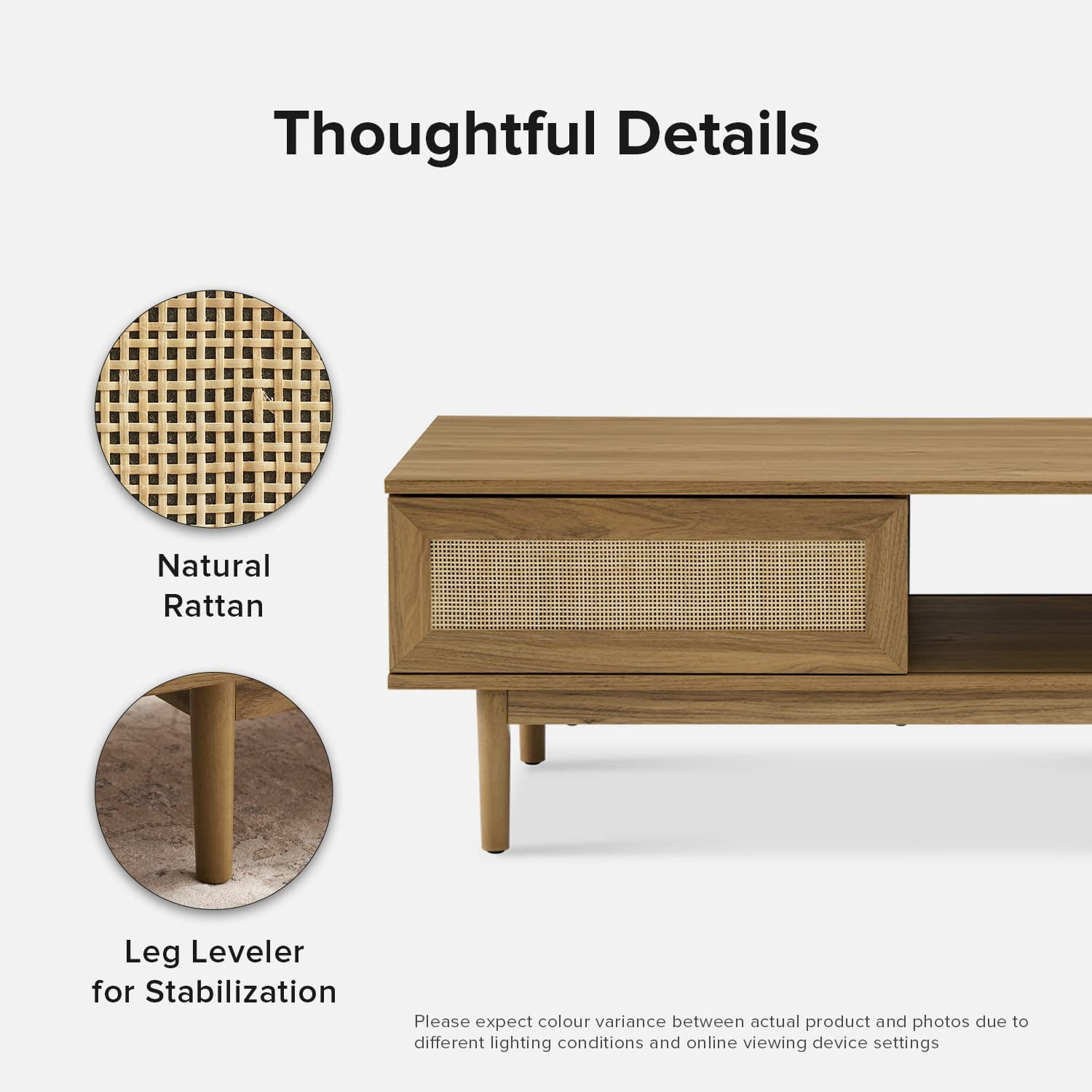 mopio Haylee Coffee Table, Modern Boho Farmhouse Natural Rattan Living Room Small Center Coffee Table with Storage (Oak)