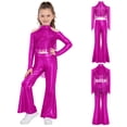 thumbnail image 6 of TSSOE Girls 2-piece Jazz Dance Outfit Shiny Sequin Tassels Latin Hip Hop Dancewear Long Sleeve Crop Top With Flared Pants Hot Pink 12, 6 of 7