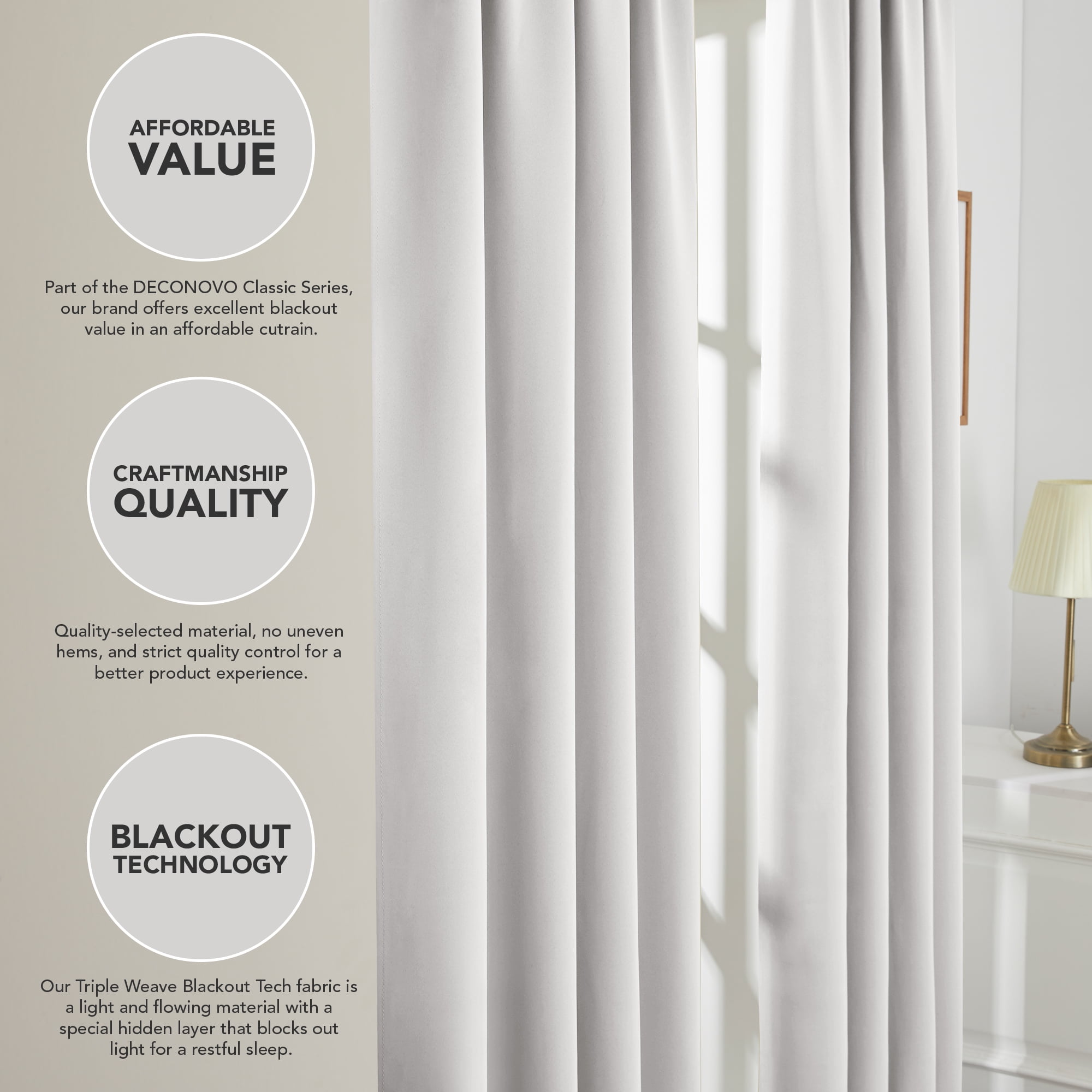 ZOPZO Bedroom Blackout Curtains Rod Pocket Noise Reducing Window Curtains for Living Room 52 x 72 inch Grayish White 2 Pieces