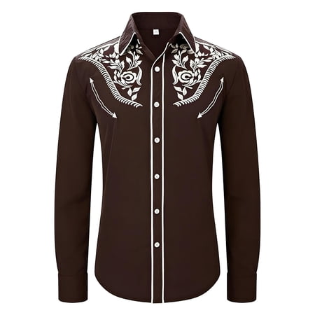Huowey Boys Western Cowboy Shirts Floral Print Embroidery Button Down Long Sleeve Casual Regular Fit Elegant Fashionable Cozy Carnival Tshirt Clothes Casual Casual Tee Tops Brown2 4-5 Years