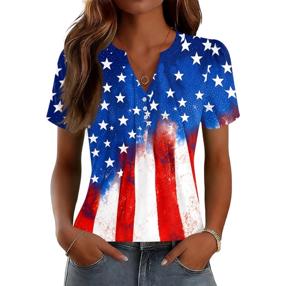 LWavelet Fourth of July Shirts for Women Short Sleeve Tops V-Neck Casual Patriotic Fireworks Star Graphic Tee Royal Blue XL