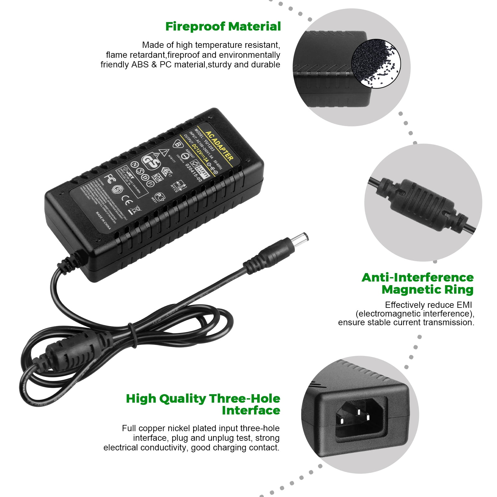 COOLM 12V 3A Power Supply Adapter - 36W AC To DC Converter For LED Strips, CCTV Cameras, 5.5x2.5mm Plug