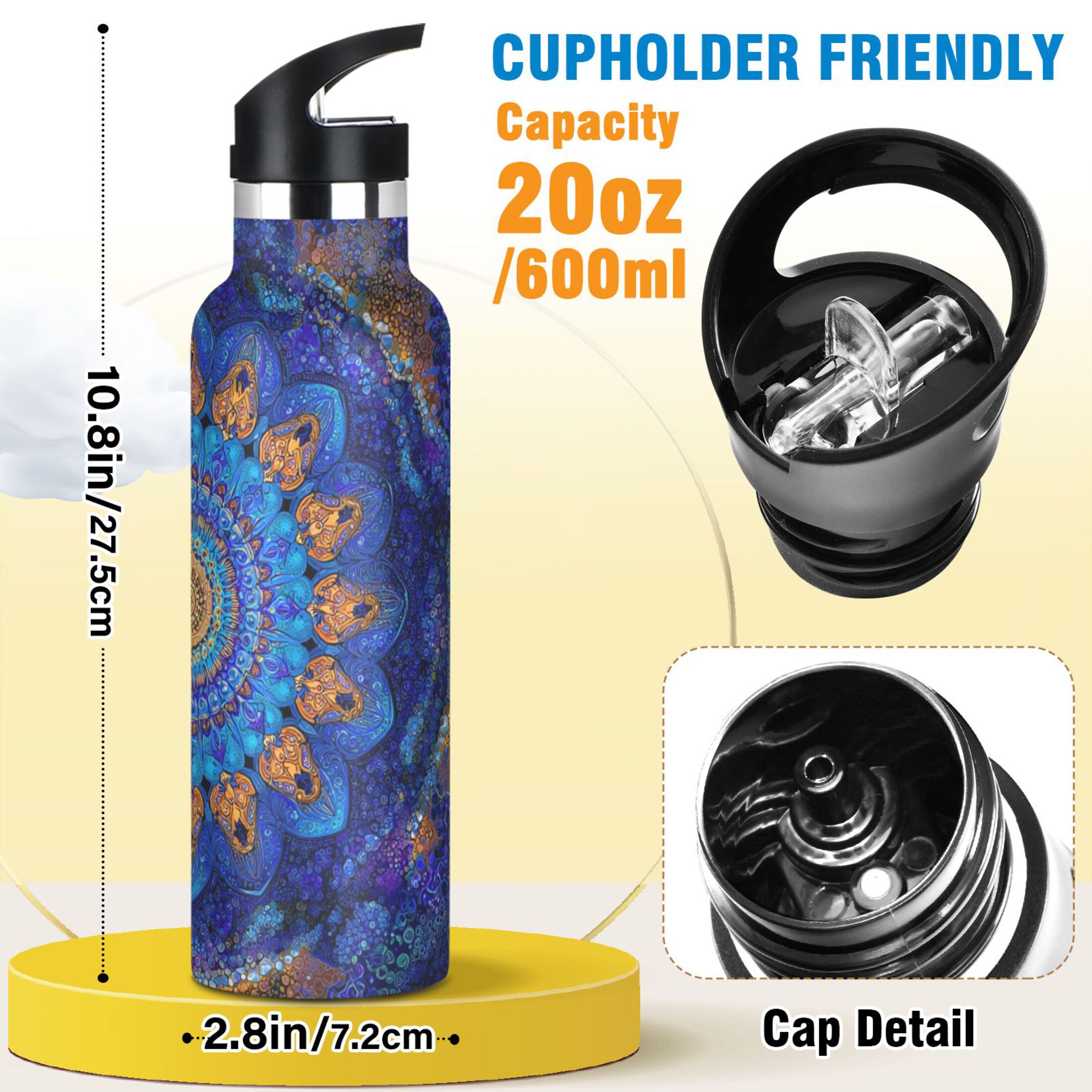 Kids Insulated Stainless Steel Sports Water Bottle 600ml (20oz) Blue Kaleidoscopic Pattern