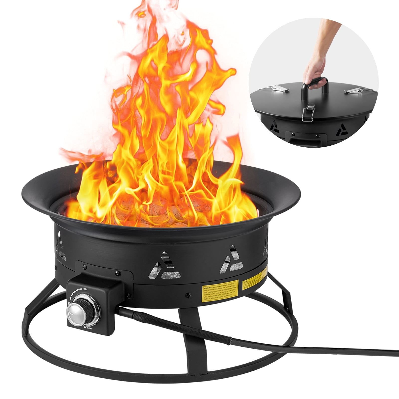 KFFKFF Gas Fire Pit, 24-Inch Round Outdoor Portable Propane Fire Pit with Protective Cover & Lava Stones, Modifiable Flame Intensity, Ideal for Warming, Illumination, Social Events,58,000 BTU,Black