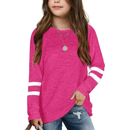 

Girls Casual Long Sleeve Shirts Round Neck Tops Loose Fit Tunic Blouses Front Pleats Tops 4-13 Years Winter Sweatshirt Striped Print