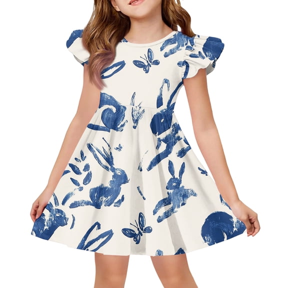 CCRFTGI Easter Girls Dresses Size 10-12 Funny Bunny Rabbit Ruffle Sleeve Fashion Mini Sundress Party Summer Girls Clothes for Kids Blue 9-10 Years