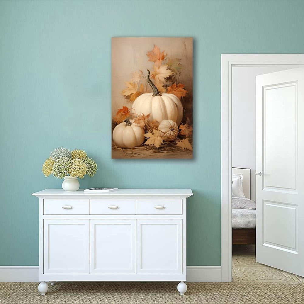 Farmhouse Fall Canvas Wall Art, White Pumpkin Still Life Painting Pictures, Rustic Farm Pumpkin Fall Leaves Posters, Halloween Thanksgiving Autumn Wall Print Decor 12X16in Unframed