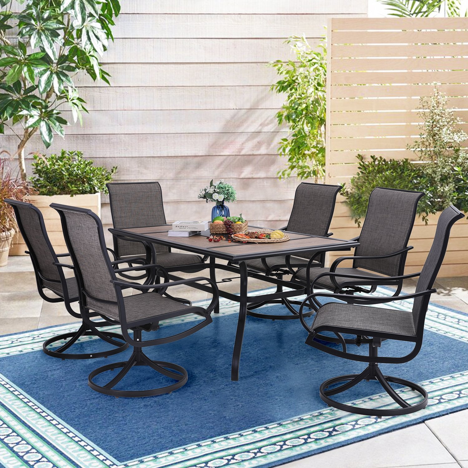 Backyard 6 Metal Dining Swivel Padded Chairs and Steel Frame Slat Larger Rectangular Table with 1.57 Umbrella Hole for Poolside MFSTUDIO 7-Piece Outdoor Patio Dining Set Porch 