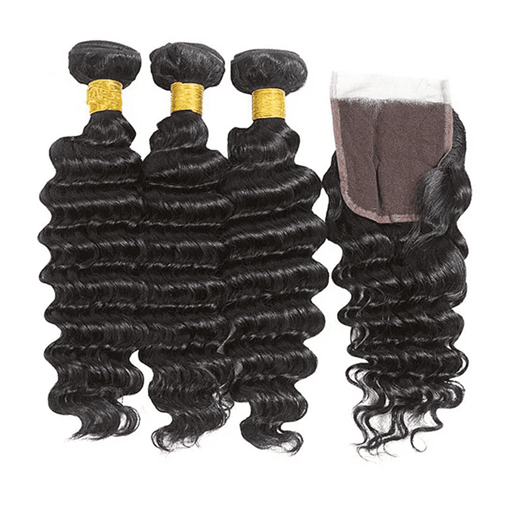 USTAR 4x4 Lace Closure 18 Inch with 3 Bundles Brazilian Virgin Human Hair 16 18 20 Inch, Deep Wave Natural Black for Black Women Deal