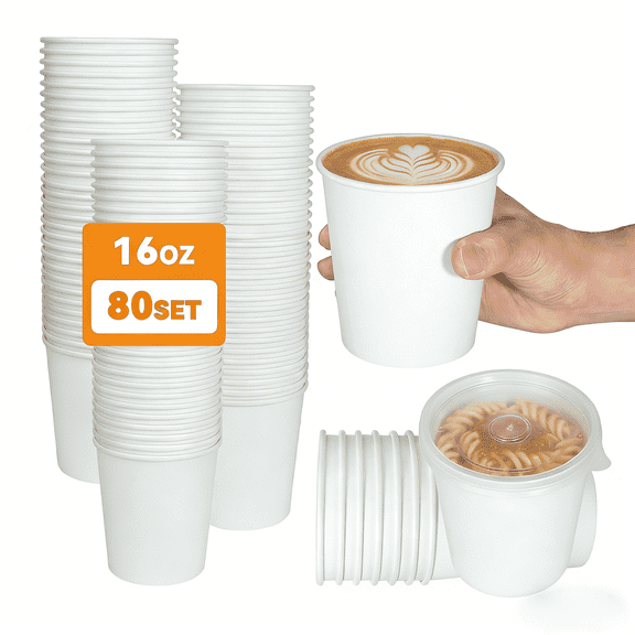 Cafemira 80 Pack Disposable Paper Bowls with Lids, 16 Oz Heavy Duty Paper Soup Bowls, White Kraft Food Container, HotCold To Go Cup for Snack, Ice Cream, Yogurt