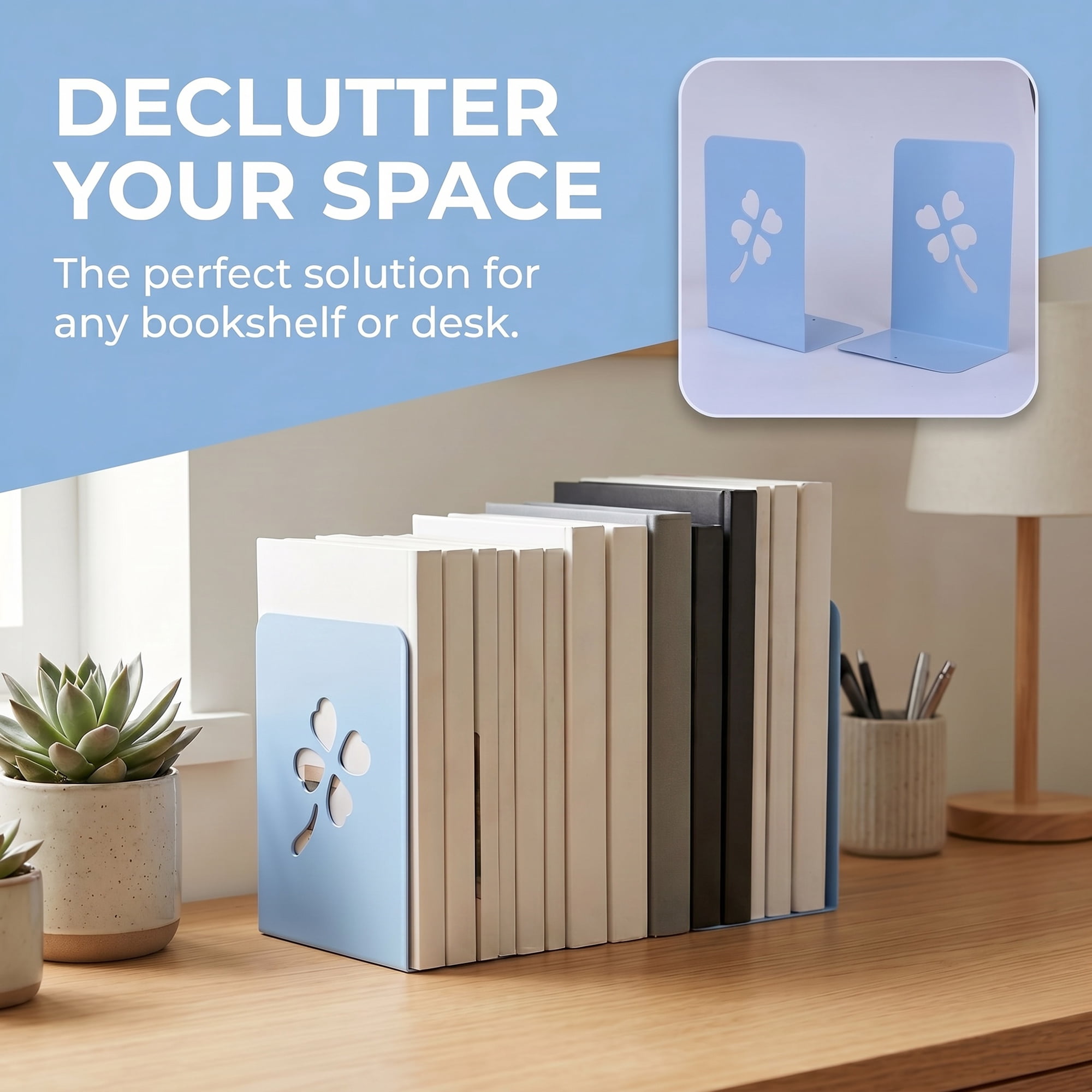 Unique Bargains 2Pcs Decorative Metal Tree Design Book Ends Blue Leaf 3.9*5.3*7.9inch