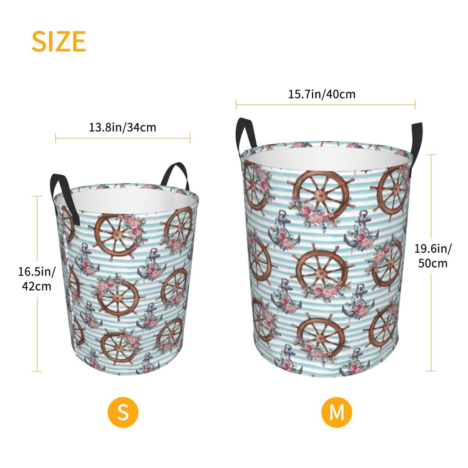 Large Laundry Basket with Handles - vintage anchor steering wheel flower Kids Baby Dirty Clothes Laundry Hamper for Bedroom Aesthetic