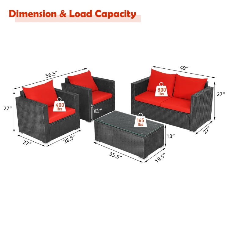 Aimee Lii 4 Pieces Patio Rattan Conversation Set, Small Patio Set with Padded Cushion and Tempered Glass Coffee Table, Red Aimee Lii 4 Pieces Patio Rattan Conversation Set, Small Patio Set with Padded Cushion and Tempered Glass Coffee Table, Red
