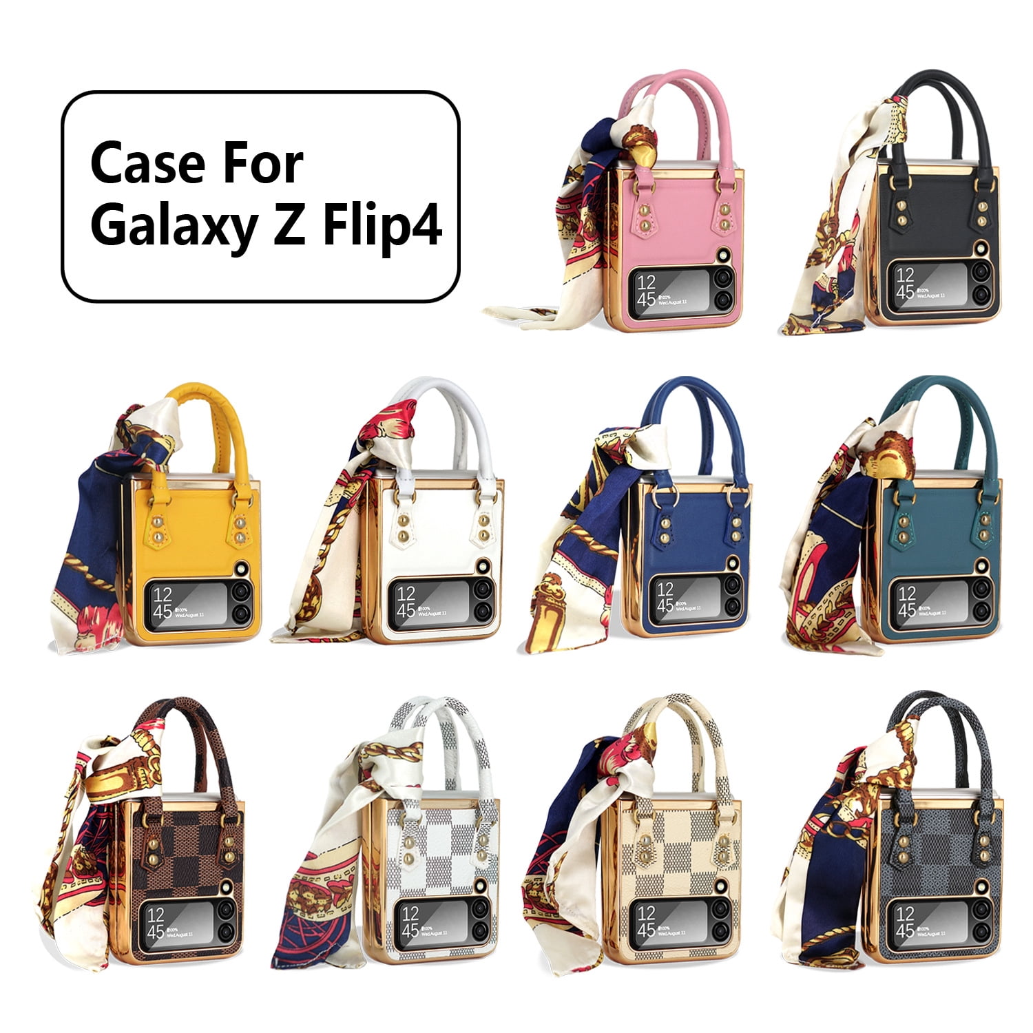 Elegant classic leather folding phone case for Samsung Galaxy Z Flip 4 with silk scarf portable hand holder plating back cover