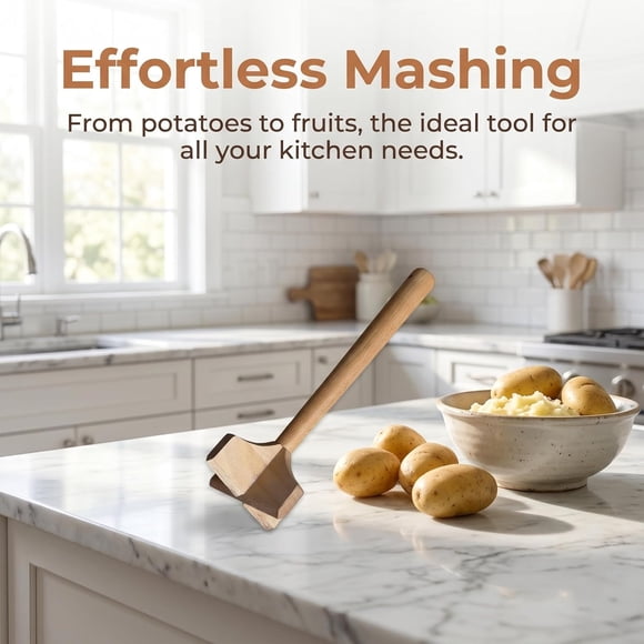 Wooden Meat Chopper and Potato Masher Pestle, Kitchen Ground Beef Chopper Tool, Ergonomic Handheld, 26 cm, for Crushing Vegetables