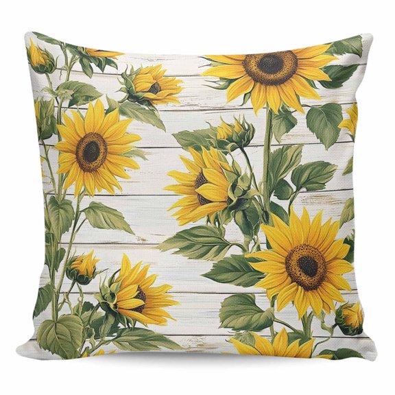 Throw Pillow Covers 16x16 Inch, Yellow Sunflowers Decorative Pillow Cases for Couch Sofa Bed, Summer Watercolor Floral Wooden Cotton Linen Square Home Decor Pillowcases with Hidden Zipper