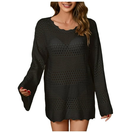 Crochet Swimsuit Coverup for Women Hollow Out V Neck Knit Pool Cover Up Dress Bikini Beach Wear Black X-Large
