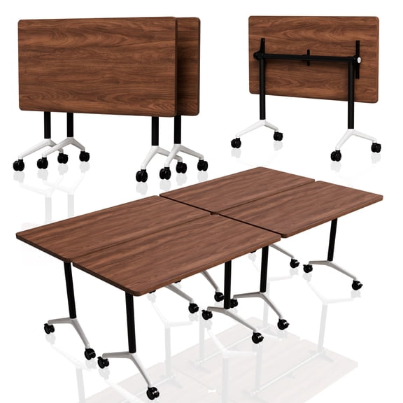 Folding Conference Table with Wheels Set of 2, Flip Top Conference Room Table, Modular Training Room & Meeting Table, Rolling Nesting Office Table for Classroom Seminar, Walnut1, 47.2 in