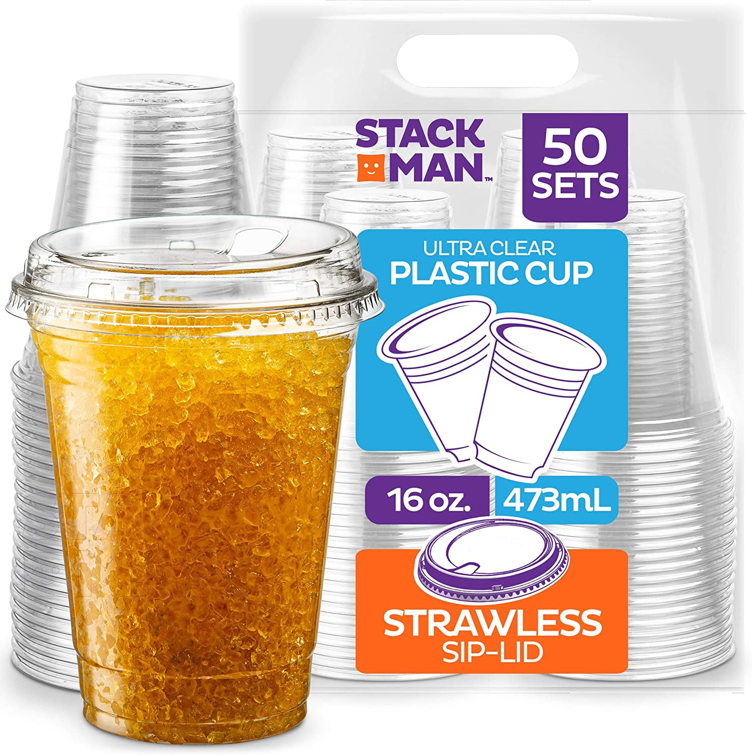 PET16626SL50 16 oz. Clear Cups with Strawless SipLids, [50 Sets] PET