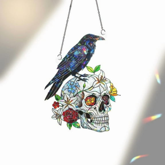 ViciArt Raven & Skull Holographic Acrylic Suncatcher – 4" Faux Stained Glass Window Hanging Decor