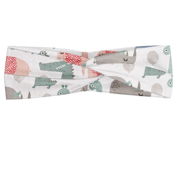 Nursery Headband, Rhinoceros Crocodile and Elephant with Balloons Jungle Party with Animals, Elastic and Soft Women's Bandana for Sports and Everyday Use, Grey Red Coconut, by Ambesonne