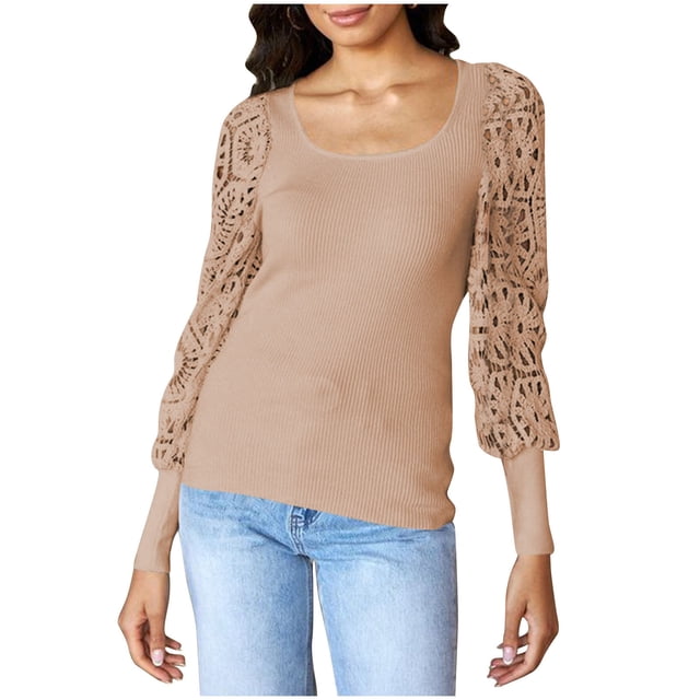 FAIWAD Womens Tops Lace Square Neck Patchwork Lantern Long Sleeve Tops Solid Color Ribbed Casual Loose Tops