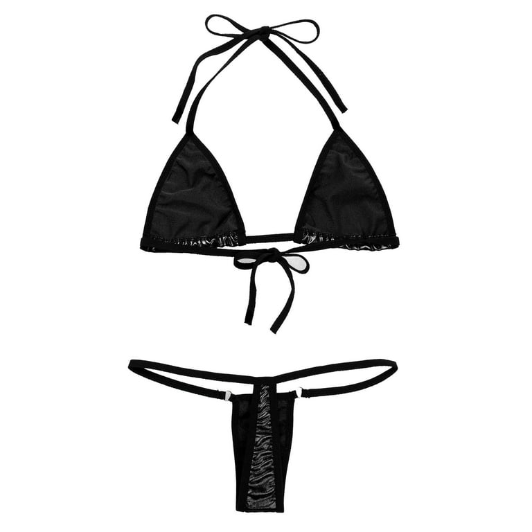 CHICTRY Womens Clear Straps Bikini Set Patent Leather Bikinis Halter Bra  with G-string