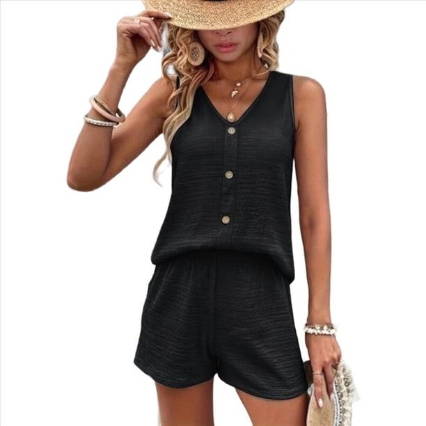 Conjunto Casual de 2 Piezas para Mujer, Jersey con Cuello en V y Pantalones Cortos de Cintura Alta, Chándal Transpirable de Color Sólido, Negro, Talla L