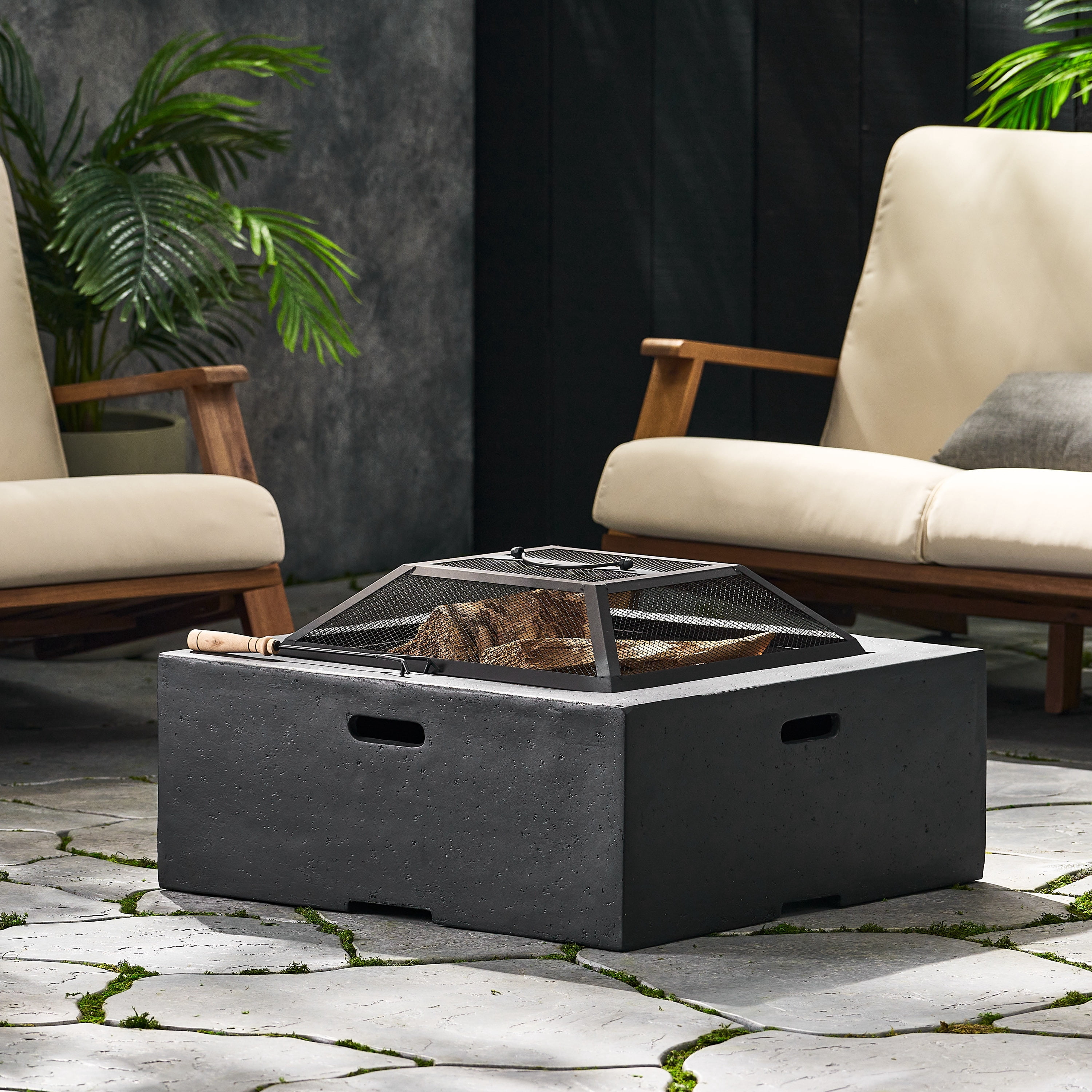 Mintazer 29" Square Wood‑Burning Fire Pit, MGO Outdoor Fire Pit with Spark Screen for Patio Backyard, Black