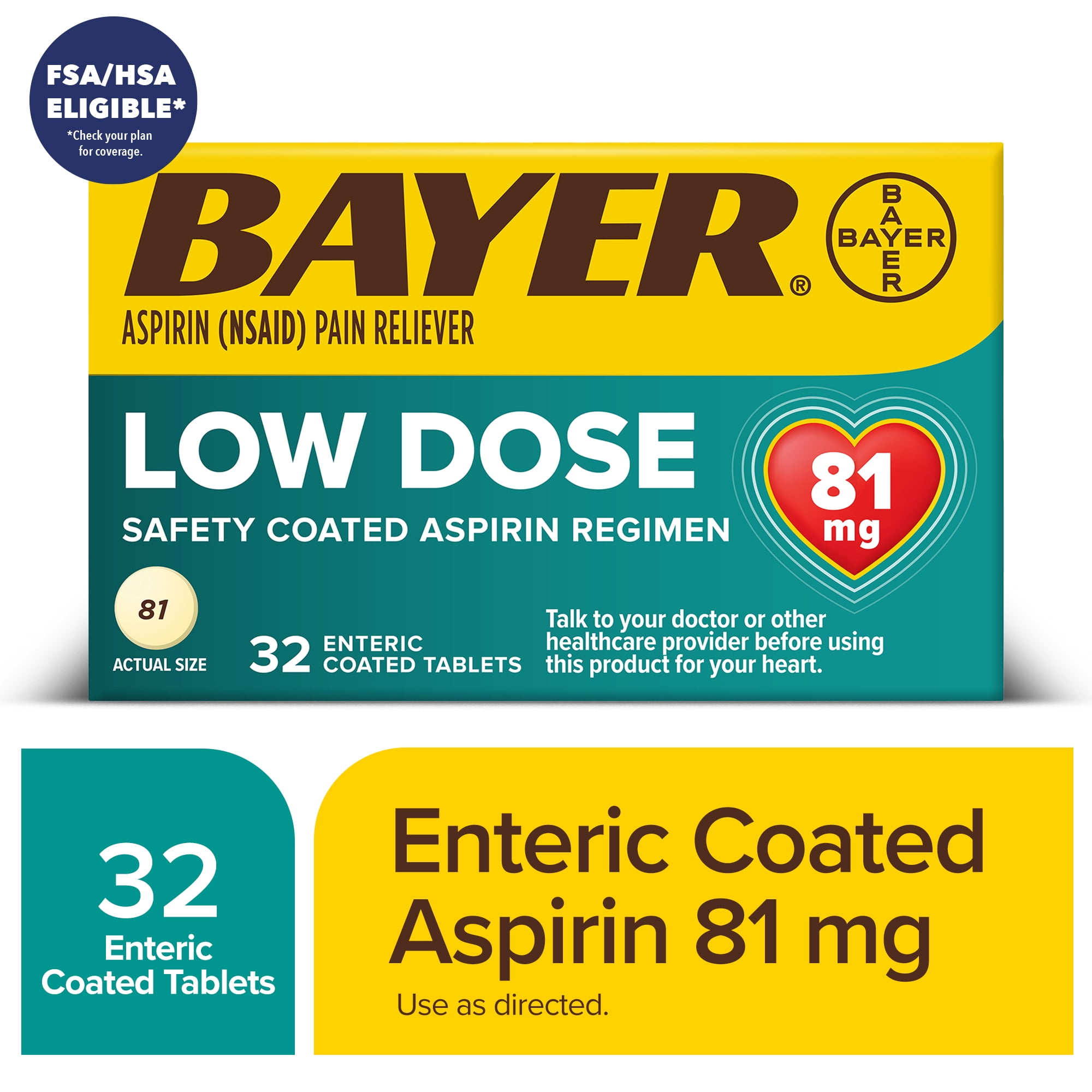Aspirin Regimen Bayer Low Dose Pain Reliever Enteric Coated Tablets, 81mg,  32 Count