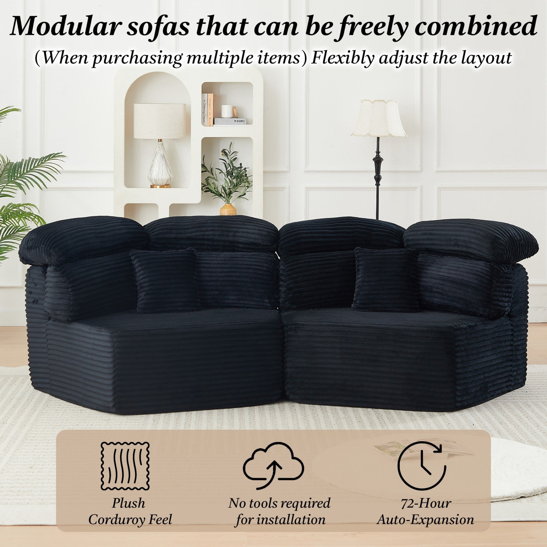 Sailvan 2PCS 53" Modern Corduroy Modular Lounge Chair, Pentagonal Seater Cloud Sofa with 6 Enveloping Pillows for Living Room Black