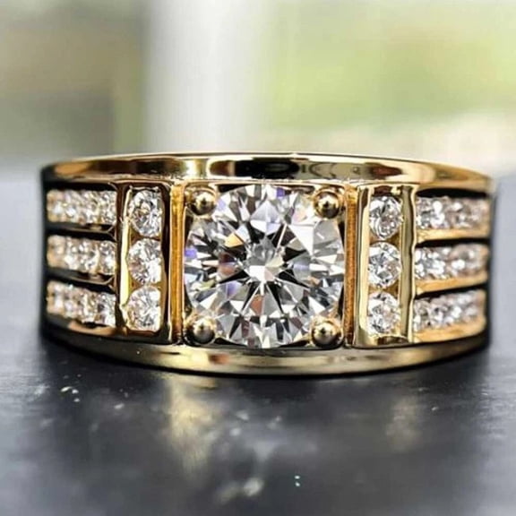 Men's Wedding Ring 14K Yellow Gold Plated 925 Silver 2Ct Round Lab Created VVS1/D Diamond