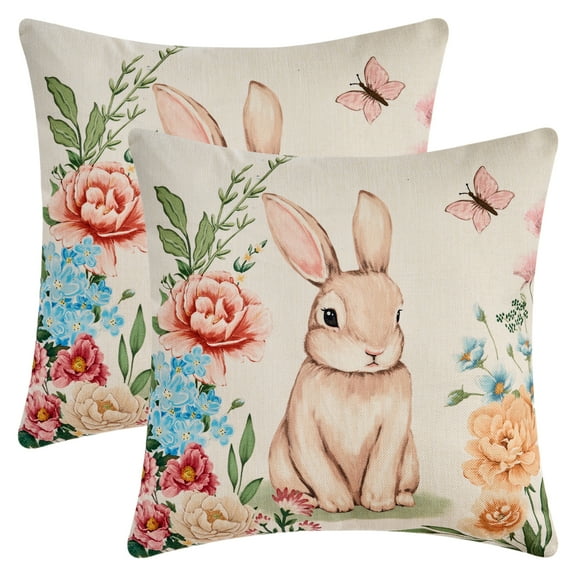 REGALWOVEN Happy Easter Rabbit Throw Pillow Covers Set of 2 Farmhouse Floral Cushion Case Decoration for Sofa Couch Flower-1 18" x 18"