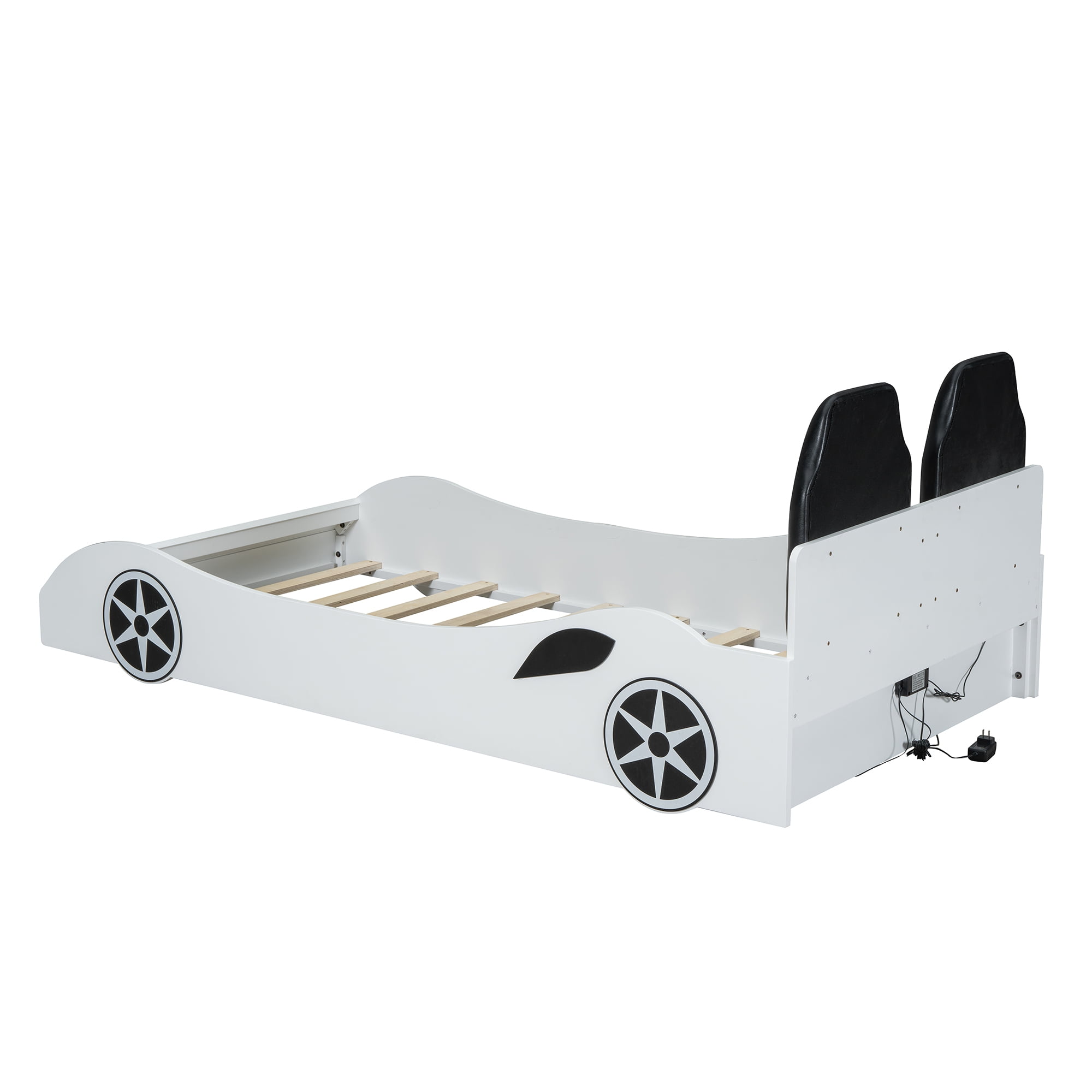Sailvan Twin Race Car Bed Frame with Under-Bed LED Lighting and Upholstered Backrest White