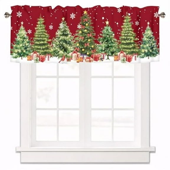 Christmas Tree Curtain Valance for Windows Rod Pocket Snowflakes Red Green Window Treatments 1 Panel Short Curtains for Kitchen Bathroom Bedroom,54 x 18 inch