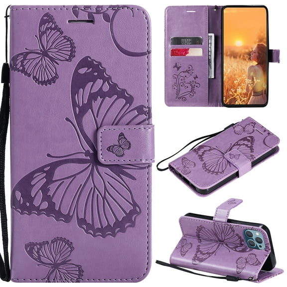 iPhone 13 Mini Wallet Case, Flip Kickstand Emboss Butterfly PU Leather Protective Phone Cover with Wrist Strap & Card Slots, Purple